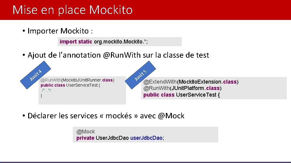 Mise en place Mockito • Importer Mockito : import static org. mockito. Mockito. *;