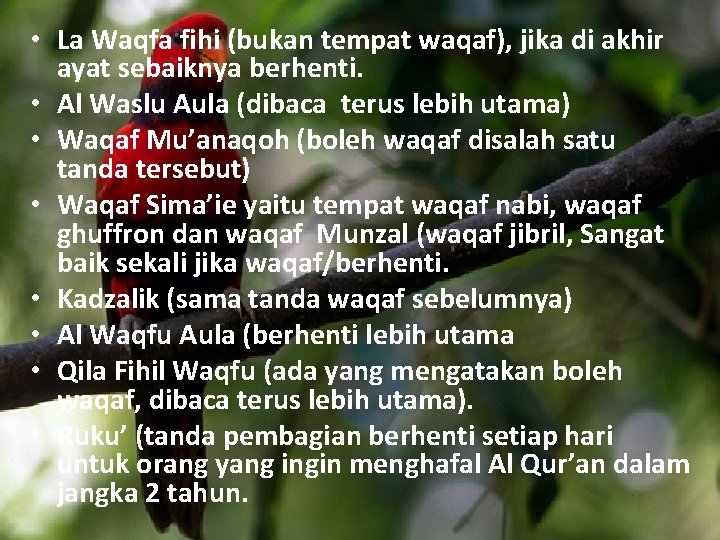 . • La Waqfa fihi (bukan tempat waqaf), jika di akhir ayat sebaiknya berhenti.