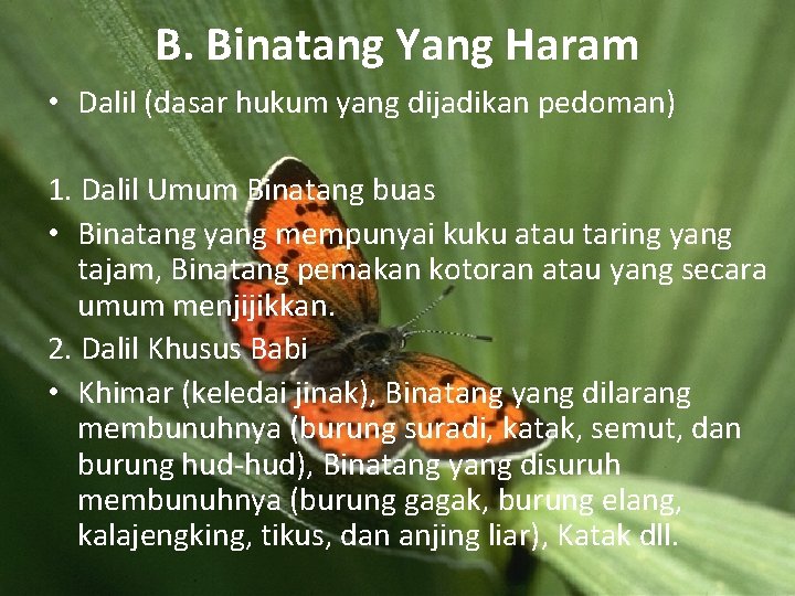 B. Binatang Yang Haram • Dalil (dasar hukum yang dijadikan pedoman) 1. Dalil Umum