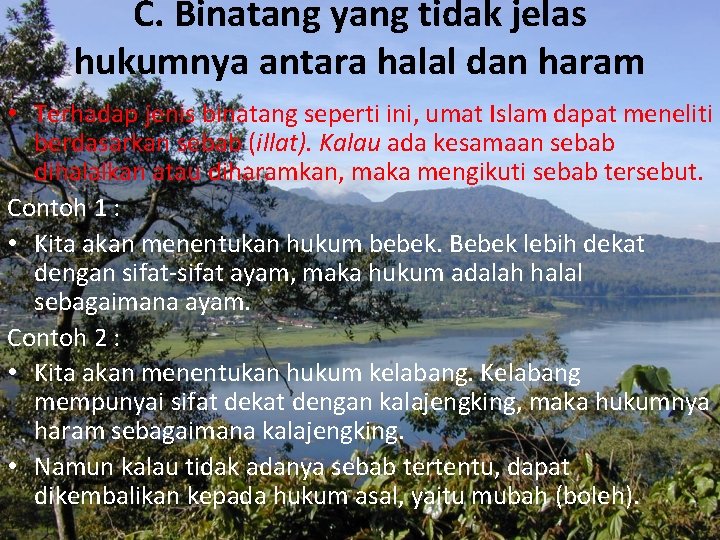 C. Binatang yang tidak jelas hukumnya antara halal dan haram • Terhadap jenis binatang