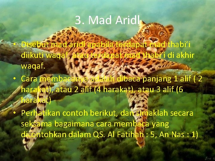 3. Mad Aridl • Disebut mad aridl apabila terdapat mad thabi’i diikuti waqaf, atau