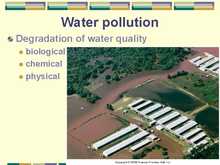 Water pollution Degradation of water quality biological l chemical l physical l 