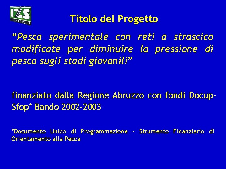 Titolo del Progetto “Pesca sperimentale con reti a strascico modificate per diminuire la pressione