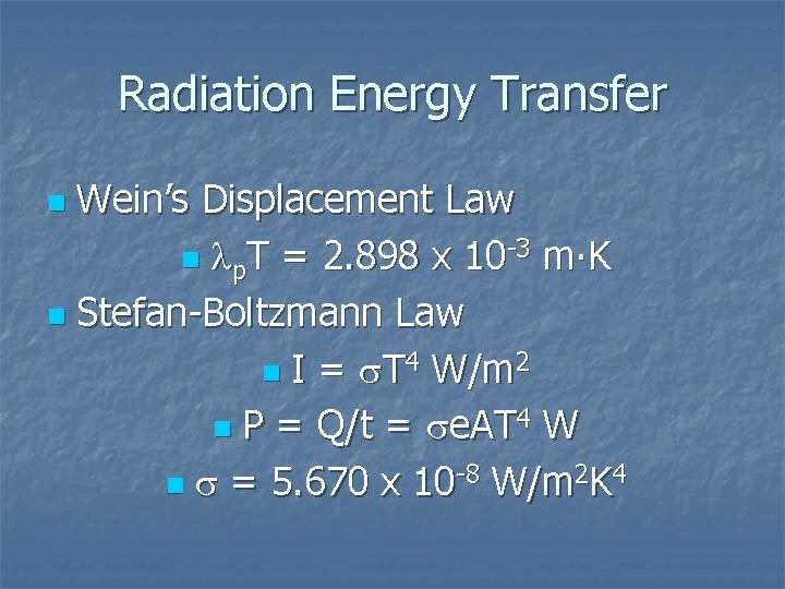 Radiation Energy Transfer Wein’s Displacement Law n lp. T = 2. 898 x 10