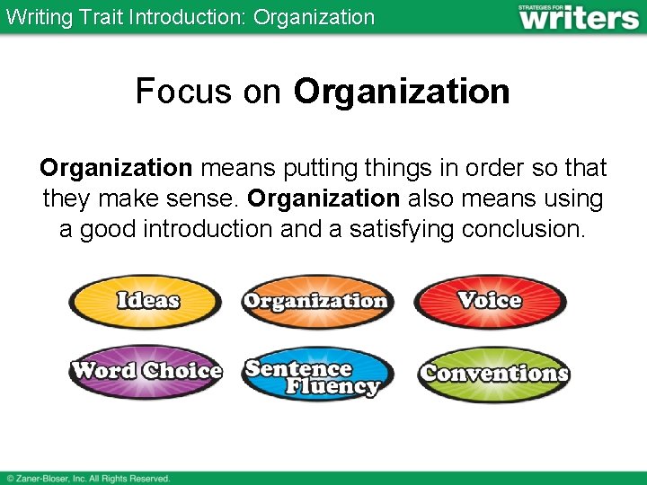Writing Trait Introduction: Organization Focus on Organization means putting things in order so that