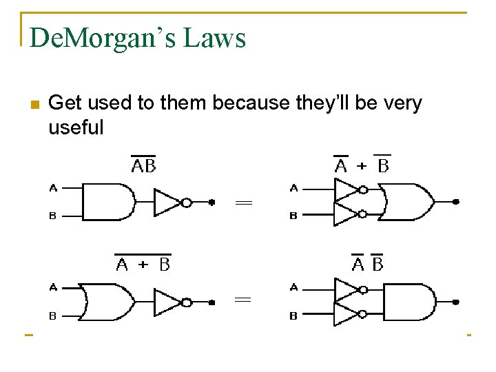 De. Morgan’s Laws n Get used to them because they’ll be very useful 