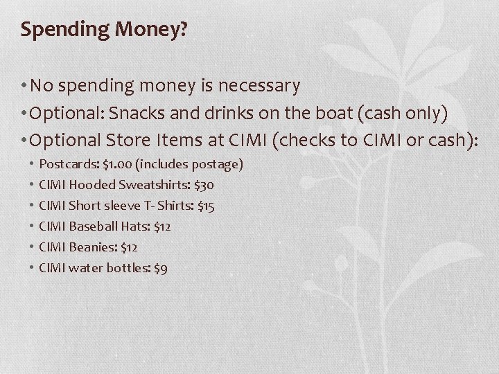 Spending Money? • No spending money is necessary • Optional: Snacks and drinks on