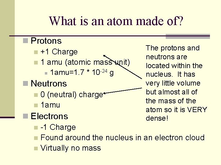 What is an atom made of? n Protons n +1 Charge n 1 amu What is an atom made of? n Protons n +1 Charge n 1 amu