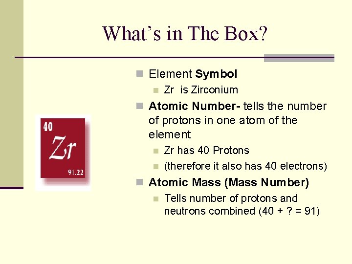 What’s in The Box? n Element Symbol n Zr is Zirconium n Atomic Number- What’s in The Box? n Element Symbol n Zr is Zirconium n Atomic Number-