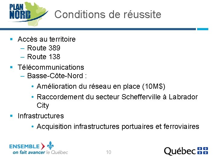 Conditions de réussite § Accès au territoire – Route 389 – Route 138 §