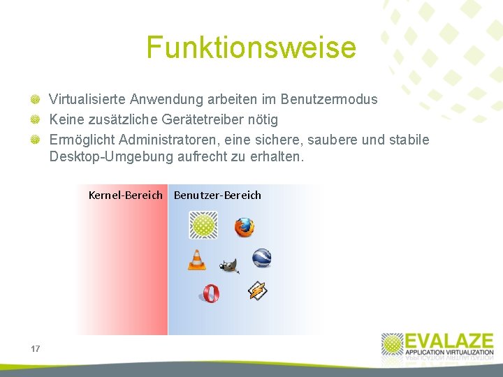 Funktionsweise Virtualisierte Anwendung arbeiten im Benutzermodus Keine zusätzliche Gerätetreiber nötig Ermöglicht Administratoren, eine sichere,