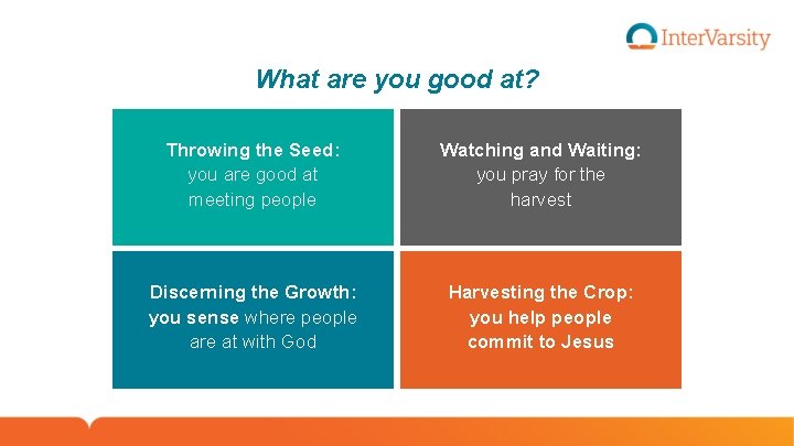 What are you good at? Throwing the Seed: you are good at meeting people