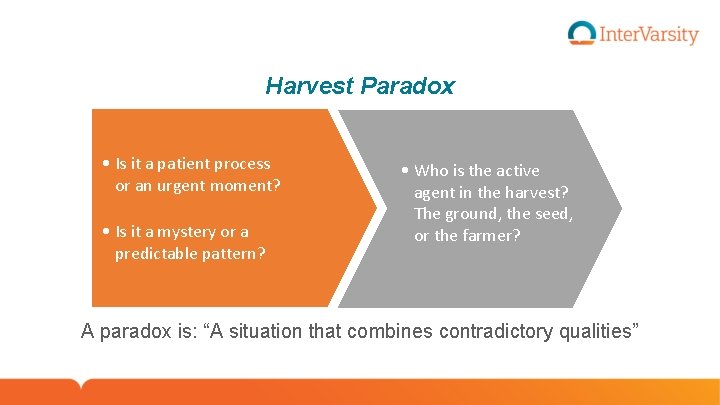 Harvest Paradox • Is it a patient process or an urgent moment? • Is
