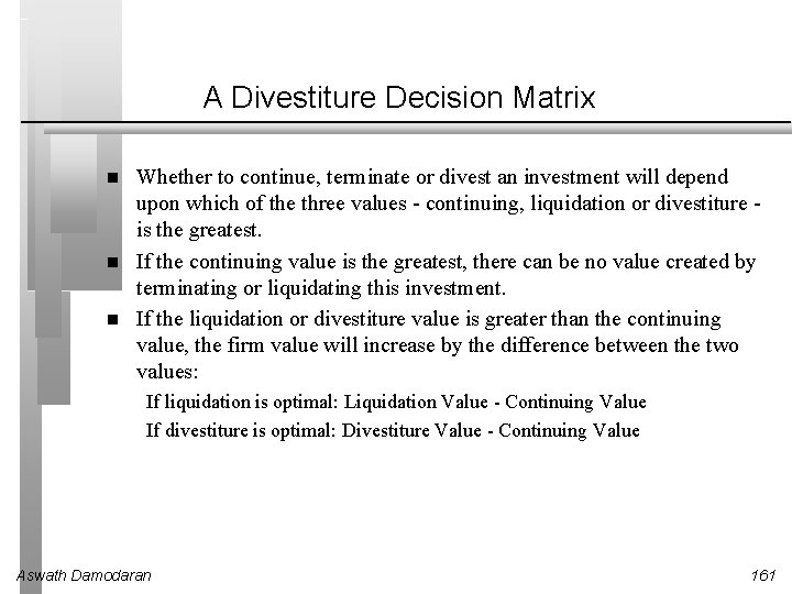 A Divestiture Decision Matrix Whether to continue, terminate or divest an investment will depend