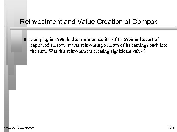 Reinvestment and Value Creation at Compaq, in 1998, had a return on capital of