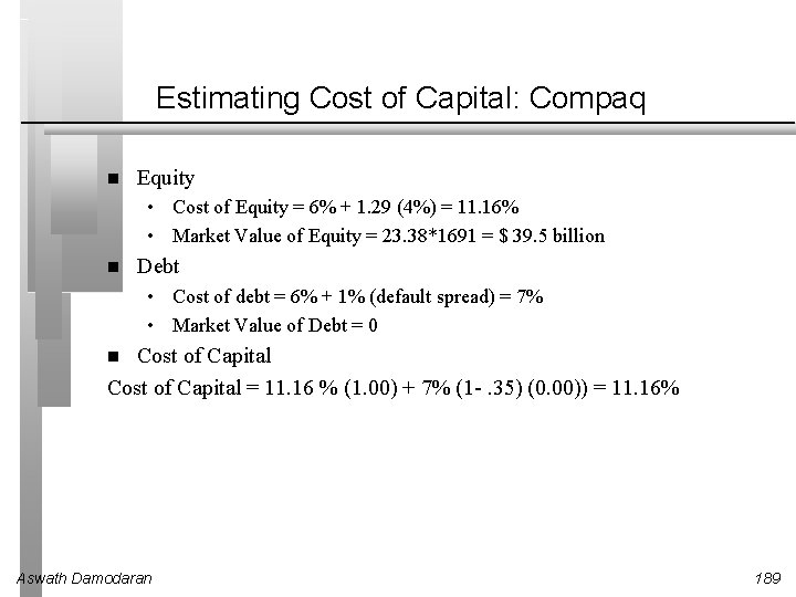 Estimating Cost of Capital: Compaq Equity • Cost of Equity = 6% + 1.