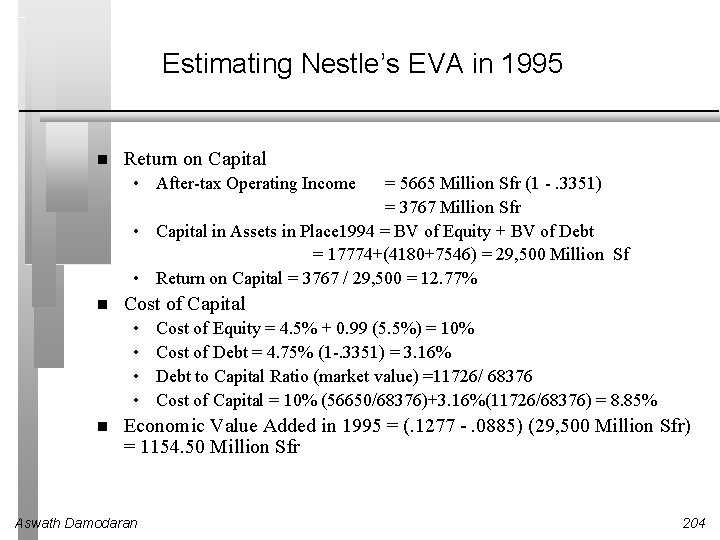 Estimating Nestle’s EVA in 1995 Return on Capital • After-tax Operating Income = 5665