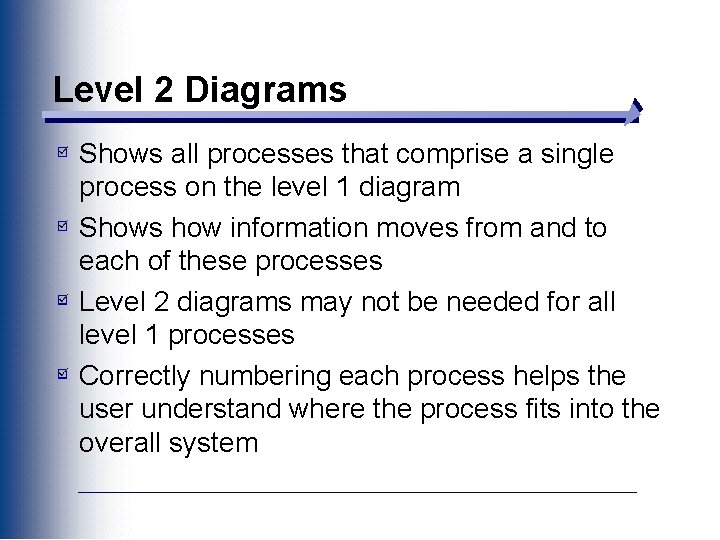 Level 2 Diagrams Shows all processes that comprise a single process on the level