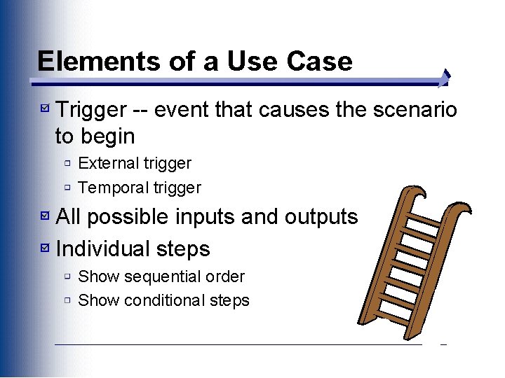 Elements of a Use Case Trigger -- event that causes the scenario to begin