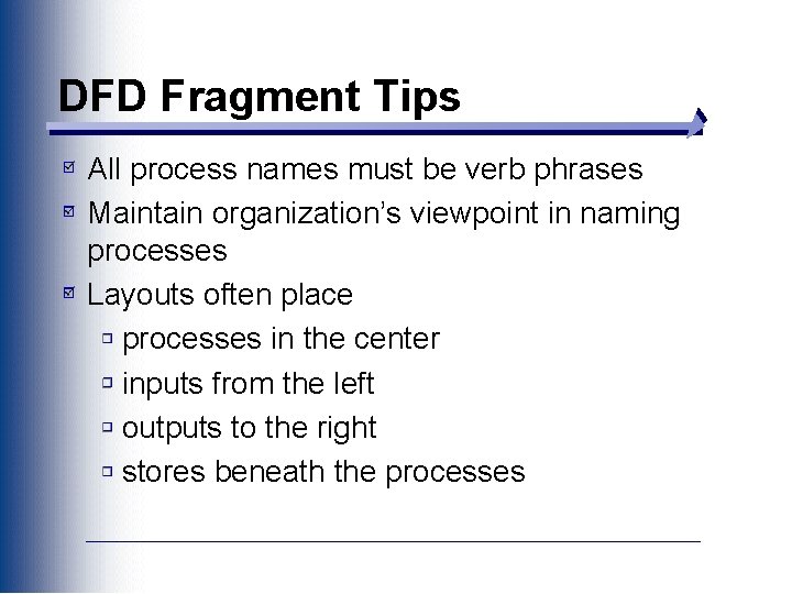 DFD Fragment Tips All process names must be verb phrases Maintain organization’s viewpoint in