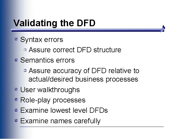 Validating the DFD Syntax errors Assure correct DFD structure Semantics errors Assure accuracy of Validating the DFD Syntax errors Assure correct DFD structure Semantics errors Assure accuracy of