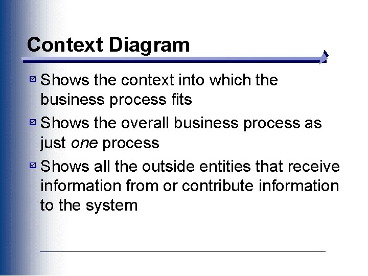 Context Diagram Shows the context into which the business process fits Shows the overall