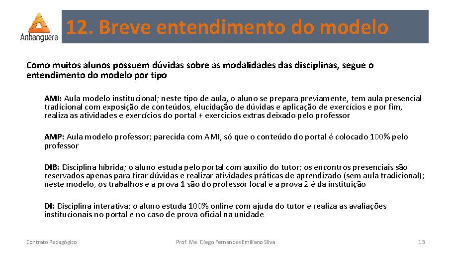 12. Breve entendimento do modelo Como muitos alunos possuem dúvidas sobre as modalidades das