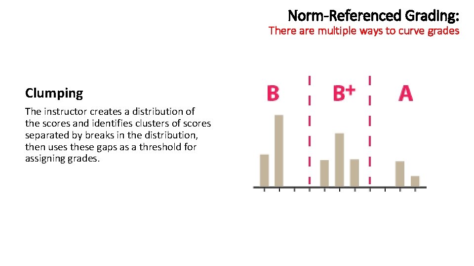 Norm-Referenced Grading: There are multiple ways to curve grades Clumping The instructor creates a