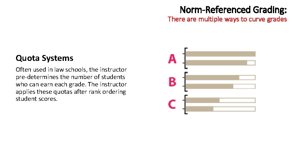 Norm-Referenced Grading: There are multiple ways to curve grades Quota Systems Often used in