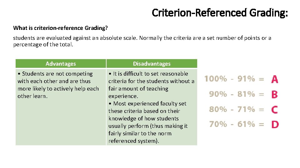 Criterion-Referenced Grading: What is criterion-reference Grading? students are evaluated against an absolute scale. Normally