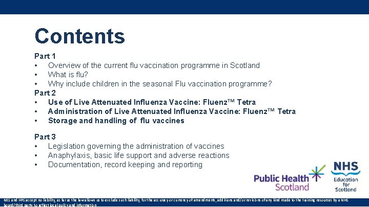 Contents Part 1 • Overview of the current flu vaccination programme in Scotland •