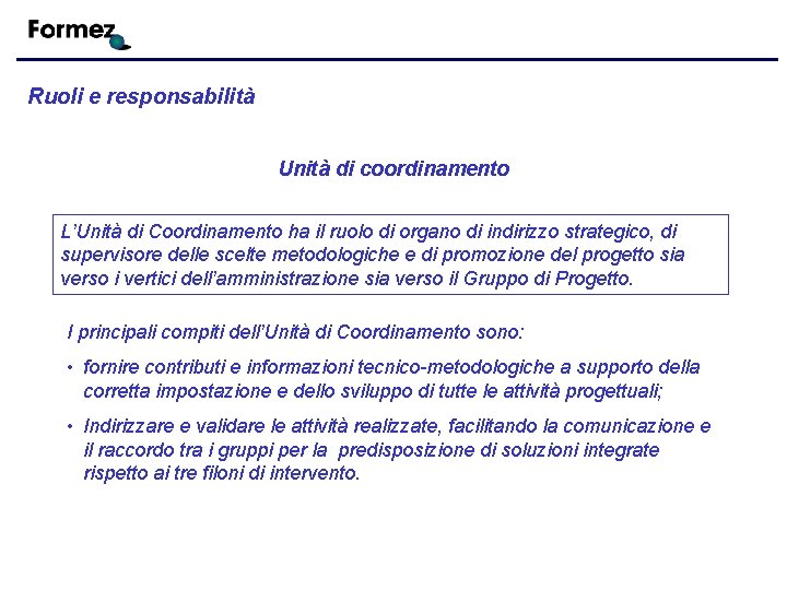 Ruoli e responsabilità Unità di coordinamento L’Unità di Coordinamento ha il ruolo di organo