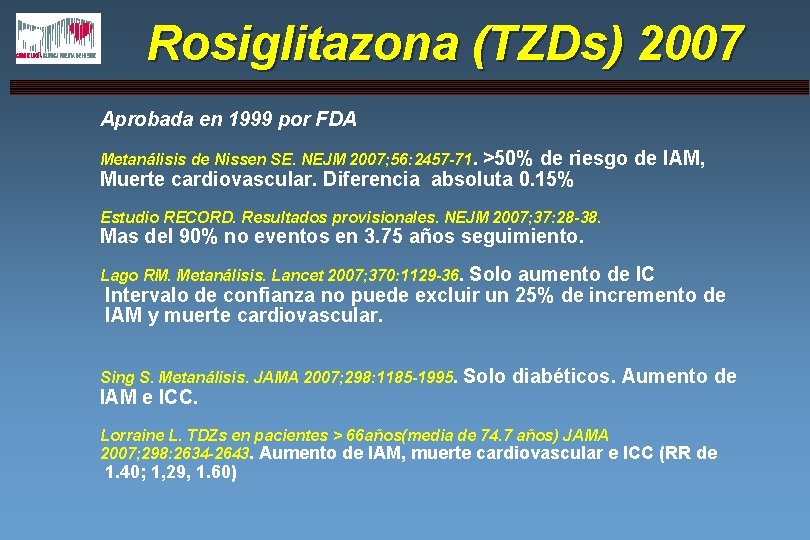 Rosiglitazona (TZDs) 2007 Aprobada en 1999 por FDA >50% de riesgo de IAM, Muerte Rosiglitazona (TZDs) 2007 Aprobada en 1999 por FDA >50% de riesgo de IAM, Muerte