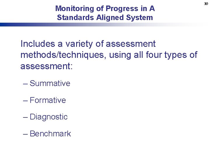 Monitoring of Progress in A Standards Aligned System Includes a variety of assessment methods/techniques,