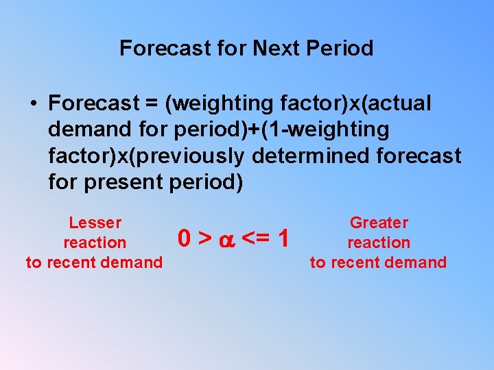 Forecast for Next Period • Forecast = (weighting factor)x(actual demand for period)+(1 -weighting factor)x(previously