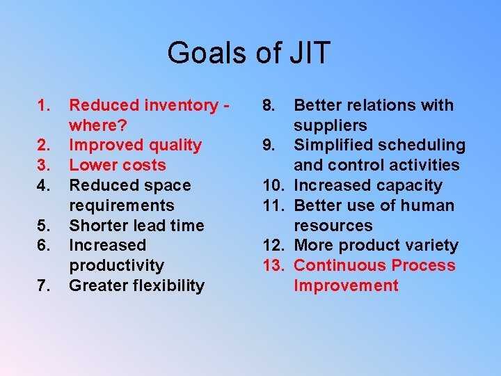 Goals of JIT 1. 2. 3. 4. 5. 6. 7. Reduced inventory where? Improved