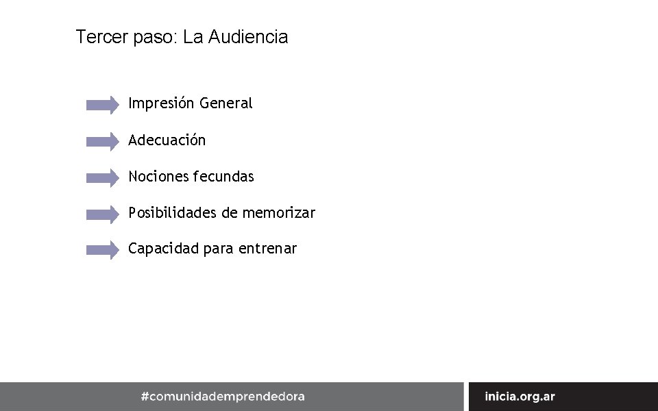 Tercer paso: La Audiencia Impresión General Adecuación Nociones fecundas Posibilidades de memorizar Capacidad para