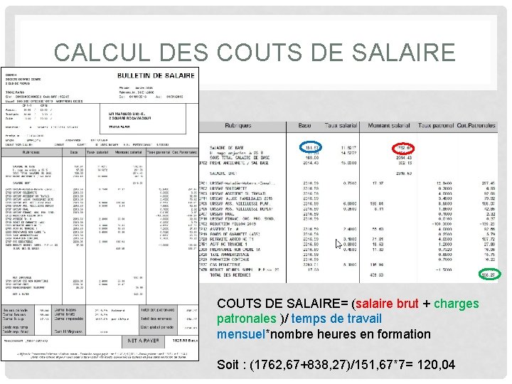 CALCUL DES COUTS DE SALAIRE= (salaire brut + charges patronales )/ temps de travail