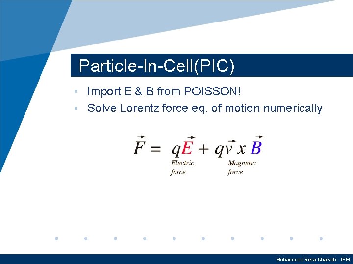 Particle-In-Cell(PIC) • Import E & B from POISSON! • Solve Lorentz force eq. of