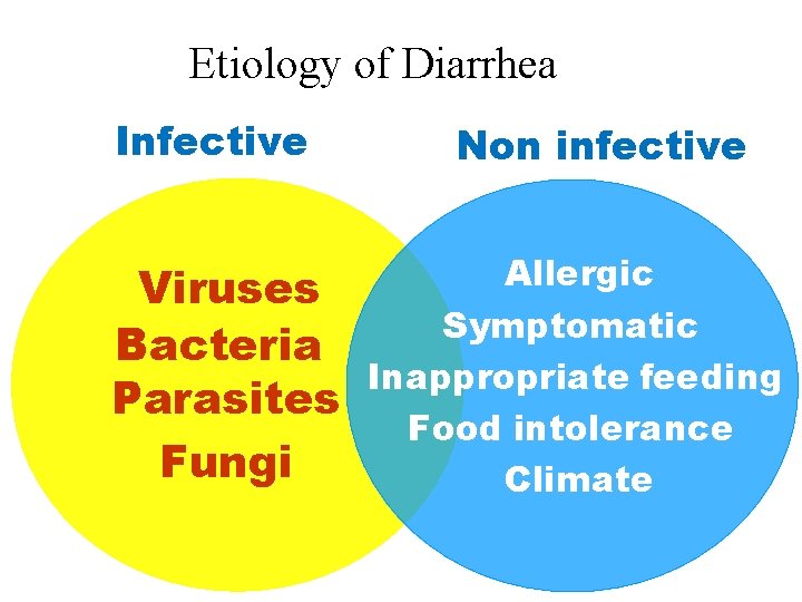 Etiology of Diarrhea Infective Non infective Viruses Bacteria Parasites Fungi Allergic Symptomatic Inappropriate feeding