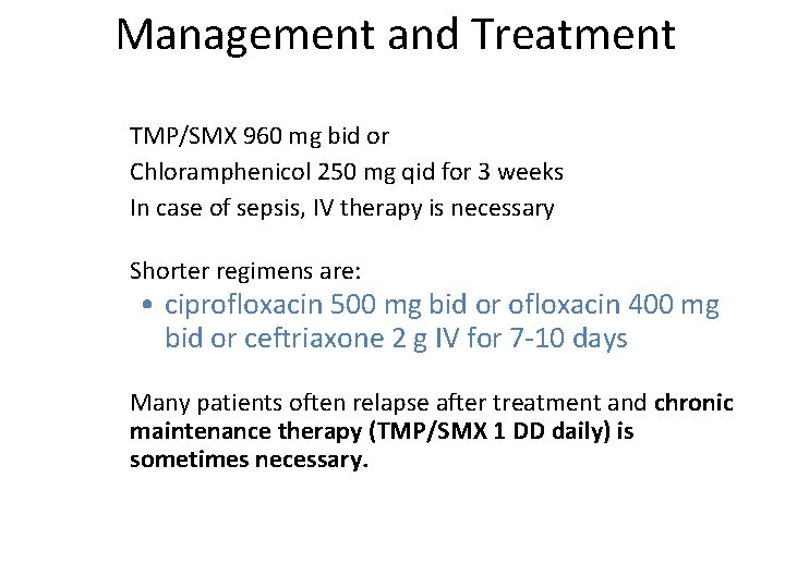 Management and Treatment • • • • TMP/SMX 960 mg bid or Chloramphenicol 250