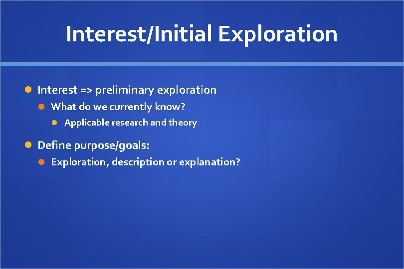 Interest/Initial Exploration Interest => preliminary exploration What do we currently know? Applicable research and