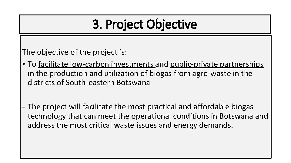 3. Project Objective The objective of the project is: • To facilitate low-carbon investments
