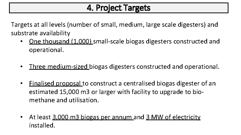 4. Project Targets at all levels (number of small, medium, large scale digesters) and