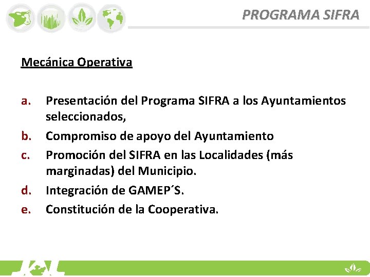 PROGRAMA SIFRA Mecánica Operativa a. b. c. d. e. Presentación del Programa SIFRA a