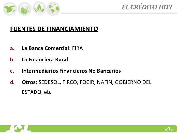 EL CRÉDITO HOY FUENTES DE FINANCIAMIENTO a. La Banca Comercial: FIRA b. La Financiera