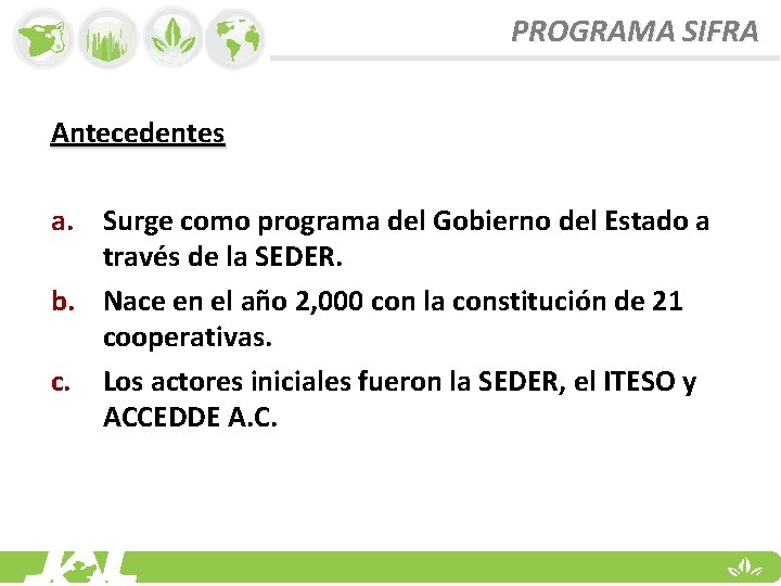 PROGRAMA SIFRA Antecedentes a. Surge como programa del Gobierno del Estado a través de