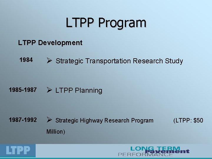LTPP Program LTPP Development 1984 Ø Strategic Transportation Research Study 1985 -1987 Ø LTPP
