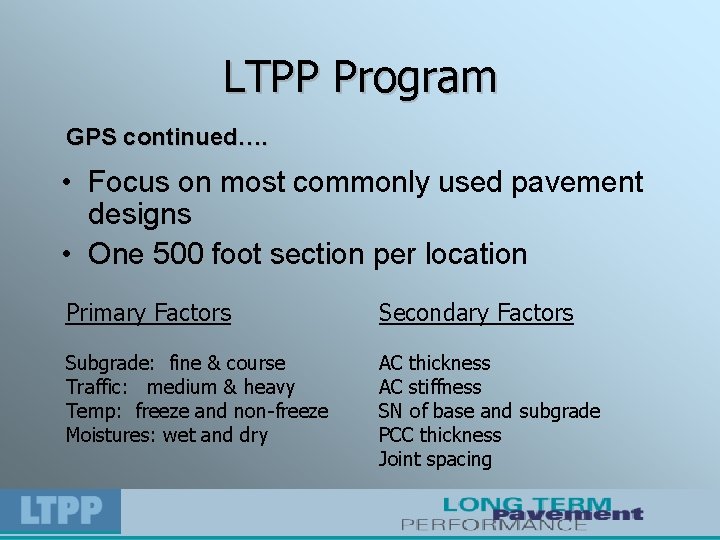 LTPP Program GPS continued…. • Focus on most commonly used pavement designs • One