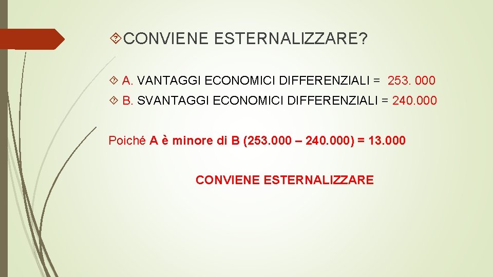  CONVIENE ESTERNALIZZARE? A. VANTAGGI ECONOMICI DIFFERENZIALI = 253. 000 B. SVANTAGGI ECONOMICI DIFFERENZIALI